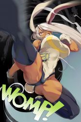 Rule 34 | 1girl, absurdly long hair, animal ears, attack, bare arms, bare shoulders, boku no hero academia, breasts, commentary request, covered navel, crescent print, crotch, dark-skinned female, dark skin, evil grin, evil smile, fang, flying kick, fur collar, gloves, gluteal fold, grey hair, grin, groin, highleg, highleg leotard, highres, impossible clothes, impossible leotard, incoming attack, kamaboko (ossann0125), kicking, large breasts, leotard, long hair, looking at viewer, midair, mirko, motion blur, muscular, muscular female, rabbit ears, rabbit girl, rabbit tail, red eyes, smile, solo, sound effects, spread legs, tail, teeth, thick thighs, thighhighs, thighs, toned, v-shaped eyebrows, very long hair