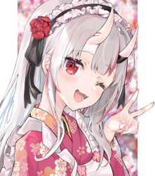 Rule 34 | 1girl, alternate costume, blurry, blurry background, blush, commentary, floral print, flower, frilled hairband, frills, hair between eyes, hair flower, hair ornament, hair ribbon, hairband, highres, hololive, horns, japanese clothes, kimono, long hair, looking at viewer, multicolored hair, nakiri ayame, nakiri ayame (new year), nana kagura, one eye closed, oni, open mouth, pink kimono, portrait, red eyes, red hair, ribbon, silver hair, skin-covered horns, smile, solo, straight hair, streaked hair, two-tone hair, v, virtual youtuber