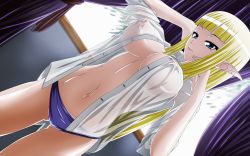 Rule 34 | 1girl, blonde hair, blue eyes, breasts, covered erect nipples, dress shirt, dutch angle, highres, large breasts, long hair, navel, nipples, no bra, no pants, open clothes, open shirt, original, panties, pointy ears, see-through, shirt, sleeves pushed up, solo, tappa (esperanza), underwear