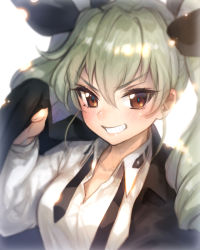 Rule 34 | 10s, 1girl, anchovy (girls und panzer), blush, brown eyes, close-up, commentary request, drill hair, girls und panzer, green hair, hair ribbon, long hair, looking at viewer, military, military uniform, necktie, open mouth, portrait, ribbon, simple background, smile, solo, twin drills, twintails, undone necktie, uniform, upper body, white background, yamori (stom)
