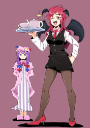Rule 34 | 2girls, arms behind back, black legwear, black vest, blue ribbon, blunt bangs, breasts, collared shirt, commentary request, crescent, crescent hat ornament, cup, demon girl, demon wings, dress, fang, full body, hand on own hip, hat, hat ornament, head wings, high heels, highres, holding, holding tray, koakuma, long hair, long sleeves, medium breasts, mob cap, mug, multiple girls, necktie, open mouth, pantyhose, patchouli knowledge, pencil skirt, pink eyes, pink footwear, pink hair, purple background, purple dress, purple eyes, purple footwear, purple hair, red necktie, red ribbon, ribbon, sakamoto fred, shirt, simple background, skirt, standing, striped clothes, striped dress, teapot, teeth, touhou, tray, upper teeth only, vest, white shirt, wings