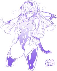 Rule 34 | 1girl, bare shoulders, blush, bodysuit, breasts, covered erect nipples, cropped legs, dated, elbow gloves, fbc, girls und panzer, gloves, hair between eyes, hair ribbon, headband, heart, large breasts, leotard, long hair, looking at viewer, monochrome, one side up, purple theme, ribbon, shimada arisu, signature, simple background, skin tight, solo, taimanin (series), taimanin asagi, taimanin suit, thighhighs, thighs, white background
