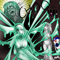 Rule 34 | 1other, 2girls, air vent, annoyed, artist name, black hairband, blue eyes, blush, borrowed character, breasts, cleanor (kingmonster), collarbone, colored skin, comic, completely nude, darkness, eyes in shadow, green hair, green skin, groin, hairband, hand on own face, hanging breasts, idolmonkeh, liquid hair, liquid metal, long hair, medium breasts, medium hair, messy, monster girl, multiple girls, navel, no pussy, nose, nude, open mouth, original, robot, signature, slime (substance), slime girl, sneezing, splatter, synthea (kingmonster), tongue, zinc (idolmonkeh)