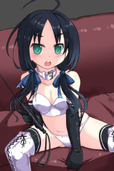 Rule 34 | 10s, 1girl, black gloves, bondage outfit, boots, breasts, collar, cross-laced footwear, dominatrix, elbow gloves, gin (shioyude), gloves, green eyes, kantai collection, lace-up boots, lingerie, long hair, looking at viewer, low twintails, panties, riding crop, sitting, solo, spread legs, suzukaze (kancolle), thigh boots, thighhighs, twintails, underwear, whip, white panties, white thighhighs