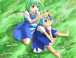 Rule 34 | 2girls, barefoot, blouse, cirno, daiyousei, day, dress, embodiment of scarlet devil, female focus, from above, kusogappa, multiple girls, outdoors, pinafore dress, shirt, sitting, sleeveless dress, spread toes, toes, touhou, white shirt