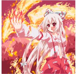 Rule 34 | 1girl, :o, albino, bad id, bad pixiv id, buckle, cowboy shot, expressionless, female focus, fire, fire, fujiwara no mokou, long hair, long sleeves, magic, ofuda, outstretched arm, parted lips, red eyes, solo, standing, suspenders, touhou, very long hair, white hair, yoshimoto (dear life)