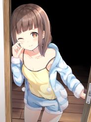 Rule 34 | 1girl, 3;, blue pajamas, blue shorts, blush, breasts, brown eyes, brown hair, camisole, cleavage, closed mouth, collarbone, cowboy shot, door, hand on own cheek, hand on own face, highres, indoors, keiran (ryo170), long sleeves, looking at viewer, medium hair, one eye closed, open clothes, original, pajamas, revision, shorts, small breasts, solo, standing, strap slip, wooden floor