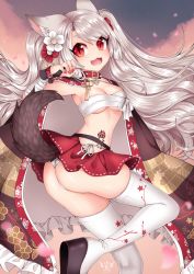 Rule 34 | 1girl, animal ears, ass, azur lane, bandages, belt, breasts, buckle, claw pose, collar, collarbone, fang, fingerless gloves, gloves, highres, long hair, looking at viewer, medium breasts, midriff, nail polish, open mouth, panties, pleated skirt, red belt, red eyes, red nails, sarashi, short eyebrows, silver hair, skirt, slit pupils, smile, solo, spiked collar, spikes, tail, tattoo, thick eyebrows, thighhighs, underwear, wolf ears, wolf tail, yuudachi (azur lane), yuudachi (shogun of snowballs) (azur lane)