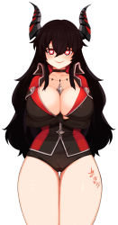 Rule 34 | 1girl, absurdres, bad id, bad pixiv id, black choker, black hair, black jacket, black shorts, body writing, breast hold, breasts, cameltoe, choker, cleavage, closed mouth, collarbone, collared jacket, commentary request, cowboy shot, crossed arms, demon girl, hair between eyes, heart, heart-shaped pupils, highres, horns, jacket, korean commentary, large breasts, legs together, long hair, long sleeves, looking at viewer, original, red eyes, secretbusiness, shorts, simple background, skindentation, smile, solo, standing, symbol-shaped pupils, very long hair, white background