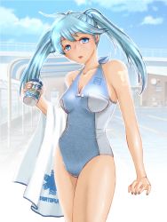 Rule 34 | blue eyes, blue hair, can, casual one-piece swimsuit, drink can, imaichi moenai ko, kobe shinbun, long hair, minato (leap-up), one-piece swimsuit, soda can, solo, swimsuit, tan, tanline, towel, twintails