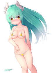 Rule 34 | 1girl, bikini, binsen, blush, breasts, c:, closed mouth, collarbone, covered erect nipples, fate (series), green hair, horns, kiyohime (fate), long hair, looking at viewer, medium breasts, micro bikini, navel, nose blush, simple background, smile, solo, standing, swimsuit, thighs, twitter username, white background, yellow bikini, yellow eyes