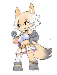 Rule 34 | 100maru, 1girl, american flag, animal ears, asymmetrical legwear, belt, black footwear, black jacket, blonde hair, boots, choker, coyote (kemono friends), crop top, extra ears, frilled skirt, frills, gradient hair, gradient skirt, highres, jacket, kemono friends, kemono friends v project, long sleeves, microphone, midriff, multicolored hair, pleated skirt, shirt, short hair, skirt, solo, spaghetti strap, striped clothes, striped thighhighs, tail, thighhighs, two-tone hair, two-tone skirt, vertical-striped clothes, vertical-striped thighhighs, virtual youtuber, white belt, white choker, white hair, white shirt, white skirt, white thighhighs, wolf ears, wolf tail, yellow skirt, yellow thighhighs, zettai ryouiki