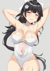 Rule 34 | 1girl, armpits, arms behind head, arms up, azur lane, black hair, blush, bow, breasts, brown eyes, casual one-piece swimsuit, choker, closed mouth, covered navel, cowboy shot, criss-cross halter, flower, gluteal fold, grey background, hair bow, hair flower, hair ornament, halterneck, heart, heart-shaped pupils, highleg, highleg swimsuit, large breasts, long hair, looking at viewer, navel, nuko (mikupantu), one-piece swimsuit, ponytail, see-through, solo, swimsuit, symbol-shaped pupils, takao (azur lane), takao (beach rhapsody) (azur lane), very long hair, wavy mouth, white bow, white flower, white one-piece swimsuit