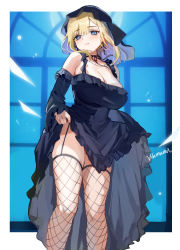 Rule 34 | 1girl, alice (shinigami bocchan to kuro maid), alice lendrott, black dress, black headwear, black ribbon, blonde hair, blue background, blue eyes, blush, bonnet, breasts, chinese commentary, choker, cleavage, closed mouth, commentary request, cross, cross earrings, detached sleeves, dress, earrings, female focus, fishnet thighhighs, fishnets, frilled dress, frills, garter straps, hair between eyes, highres, jewelry, large breasts, looking at viewer, outside border, ribbon, ribbon choker, shinigami bocchan to kuro maid, signature, solo, thighhighs, window, wumumu
