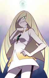 Rule 34 | 1girl, bare arms, bare shoulders, blonde hair, creatures (company), dress, game freak, gen 7 pokemon, green eyes, hair over one eye, long hair, looking at viewer, lusamine (pokemon), nihilego, nintendo, nutkingcall, pokemon, pokemon (creature), pokemon sm, sleeveless, sleeveless dress, smile, solo, ultra beast, very long hair