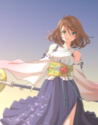 Rule 34 | 1girl, bare shoulders, blue eyes, breasts, brown hair, closed mouth, detached sleeves, final fantasy, final fantasy x, fingernails, green eyes, hair between eyes, hakama, hakama short skirt, hakama skirt, heterochromia, highres, japanese clothes, jewelry, long sleeves, medium breasts, necklace, obi, purple hakama, ribbon-trimmed sleeves, ribbon trim, sash, short hair, side slit, skirt, smile, solo, staff, toufu (toufu 53), wide sleeves, yuna