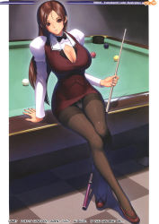 Rule 34 | 1girl, absurdres, arm support, ball, billiard ball, billiards, black pantyhose, bow, bowtie, breasts, brown eyes, brown hair, cleavage, crotch seam, cue stick, formal, highres, iruma kamiri, large breasts, long hair, looking at viewer, matching hair/eyes, miniskirt, nail polish, non-web source, original, panties, panties under pantyhose, pantyhose, pantyshot, pencil skirt, sitting, skirt, smile, solo, thighband pantyhose, traditional bowtie, underwear