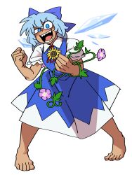 Rule 34 | 1girl, :d, absurdres, barefoot, blue bow, blue dress, blue eyes, blue hair, bow, cirno, clenched hands, collared shirt, commentary, detached wings, dress, eddybird55555, flower, full body, hair bow, highres, ice, ice wings, looking at viewer, open mouth, purple flower, ringed eyes, sharp teeth, shirt, short hair, smile, solo, standing, sunflower, tan, tanned cirno, teeth, touhou, white shirt, wings