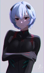 Rule 34 | 1girl, ayanami rei, black bodysuit, blue hair, bodysuit, breasts, closed mouth, commentary request, expressionless, grey background, hair between eyes, hairpods, hand on own arm, highres, medium breasts, neon genesis evangelion, pilot suit, plugsuit, red eyes, senju (snz0), short hair, signature, simple background, solo, upper body