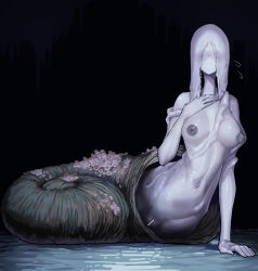 1girl absurdres arm_support bar_censor barnacle black_background bloodborne blush breasts censored commentary_request ekrea_jan full_body hair_over_eyes highres large_breasts monster_girl navel nipples pale_skin pussy shell snail_girl snail_shell snail_woman_(bloodborne) solo veins