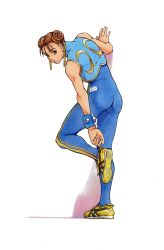 Rule 34 | 1girl, absurdres, alternate costume, arm support, ass, blue bodysuit, bodysuit, bracelet, brown eyes, brown hair, capcom, chun-li, double bun, double vertical stripe, full body, highres, ikeno daigo, jewelry, leg up, looking back, official art, painting (medium), shoes, short hair, simple background, sleeveless, sneakers, solo, standing, street fighter, street fighter zero (series), traditional media, watercolor (medium), white background, yellow footwear