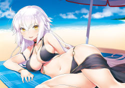 Rule 34 | 1girl, 47agdragon, :d, ahoge, bare shoulders, beach, bikini, black bikini, blue sky, blush, breasts, cleavage, cloud, collarbone, commentary request, day, fate/grand order, fate (series), hair between eyes, heroic spirit chaldea park outfit, highres, jeanne d&#039;arc (fate), jeanne d&#039;arc alter (fate), jeanne d&#039;arc alter (festival outfit) (fate), jewelry, large breasts, long hair, looking at viewer, navel, necklace, ocean, official alternate costume, open mouth, outdoors, sand, sarong, sidelocks, silver hair, sky, smile, solo, swimsuit, thighs, very long hair, water, yellow eyes