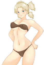 Rule 34 | 1girl, bare arms, bare legs, bare shoulders, bikini, blonde hair, blush, bra, breasts, breasts apart, collarbone, covered erect nipples, facing viewer, green eyes, hair tie, hands on own hips, happy, lingerie, long hair, looking at viewer, medium breasts, momo 765, naruto, naruto (series), navel, nipples, panties, parted lips, quad tails, rirakukan, simple background, smile, solo, standing, stomach, swimsuit, temari (naruto), underwear, white background