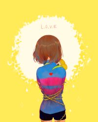 Rule 34 | androgynous, back, black shorts, blood, brown hair, cowboy shot, flower, flowey (undertale), frisk (undertale), from behind, gender request, heart, hollow eyes, hug, injury, legs apart, long sleeves, restrained, scratches, shirt, short hair, short shorts, shorts, soseji (tjduswjd), striped clothes, striped shirt, thorns, turtleneck, undertale, yellow background