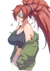 Rule 34 | absurdres, alternate costume, awesome crane, baiken, big hair, breasts, eyepatch, facial tattoo, green jacket, guilty gear, guilty gear strive, highres, jacket, large breasts, long sleeves, looking to the side, navel, off shoulder, ponytail, red eyes, red hair, scar, scar across eye, sleeves past wrists, tattoo