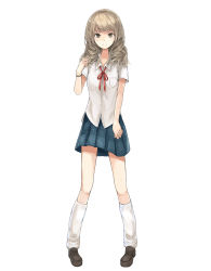 Rule 34 | 1girl, blue skirt, bracelet, brown eyes, brown footwear, brown hair, closed mouth, collarbone, collared shirt, commentary request, frown, full body, hand up, highres, jewelry, leg warmers, legs apart, loafers, long hair, looking at viewer, neck ribbon, original, pigeon-toed, pleated skirt, red ribbon, ribbon, school uniform, shirt, shoes, shori (shorisax), short sleeves, simple background, skirt, solo, standing, untucked shirt, white background, white legwear, white shirt, wing collar, wristband