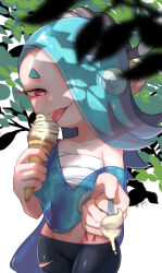 Rule 34 | blue hair, capelet, chest sarashi, collarbone, eating, food, hair over one eye, highres, ice cream, ice cream cone, leaves, looking at viewer, minamidena, nintendo, octoling, octoling player character, red eyes, sarashi, shiver (splatoon), splatoon (series), splatoon 3, spoon, tentacle hair, tongue, tongue out, tree, white background