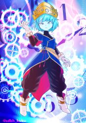 Rule 34 | 1girl, aeos, arm up, baggy pants, bare shoulders, blue eyes, blue hair, blue skin, boots, clock, colored skin, dragon ball, dragon ball heroes, earrings, female focus, full body, gears, gloves, heels, high heel boots, high heels, highres, jewelry, kuku (sdbh kuku), looking at viewer, off shoulder, pants, short hair, smile, solo, standing, super dragon ball heroes, tiara