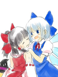 Rule 34 | 2girls, :d, :o, alternate costume, blue dress, blue eyes, blue hair, blunt bangs, blush, bow, cirno, detached sleeves, dress, embodiment of scarlet devil, female focus, from behind, hair bow, hakurei reimu, ice, ice wings, long sleeves, multiple girls, open mouth, panicking, puffy short sleeves, puffy sleeves, red bow, ribbon-trimmed sleeves, ribbon trim, short sleeves, simple background, smile, touhou, white background, wings, yuuki keisuke
