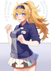 Rule 34 | 1girl, blonde hair, blue eyes, blue hairband, blue shirt, breasts, cowboy shot, employee uniform, gambier bay (kancolle), hairband, highres, kantai collection, kozu (bloomme1 me), lawson, long hair, medium breasts, miniskirt, pleated skirt, ponytail, shirt, skirt, solo, standing, striped clothes, striped shirt, uniform, vertical-striped clothes, vertical-striped shirt, white skirt