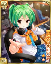 Rule 34 | 1girl, 2boys, black legwear, bow, brown eyes, card (medium), chaor, character name, concert, girlfriend (kari), green hair, hair bow, headphones, indoors, looking at viewer, multiple boys, night, official art, oshi tomo, plaid, plaid skirt, pointing, pointing at viewer, qp:flapper, school uniform, sitting, skirt, smile, sparkle, tied sweater, v-shaped eyebrows