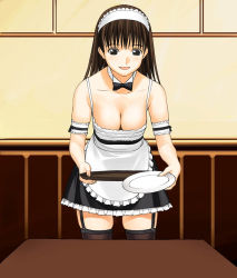 Rule 34 | 1girl, a1 (initial-g), arm garter, breasts, cleavage, collar, downblouse, maid, plate, solo, thighhighs, tray