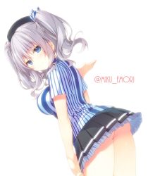 Rule 34 | 10s, 1girl, ass, beret, black skirt, blue eyes, blush, breasts, character name, closed mouth, cowboy shot, dutch angle, employee uniform, eyebrows, from side, hair between eyes, hat, highres, kantai collection, kashima (kancolle), large breasts, lawson, looking at viewer, looking back, miko (royal milk), miniskirt, pleated skirt, shirt, short sleeves, sidelocks, silver hair, simple background, skirt, smile, solo, standing, striped clothes, striped shirt, twintails, twitter username, uniform, vertical-striped clothes, vertical-striped shirt, white background