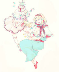 Rule 34 | 2girls, :d, ^ ^, abarabone, alice margatroid, belt, blonde hair, blue dress, capelet, clapping, closed eyes, curly hair, dress, female focus, hairband, happy, hat, high heels, instrument, knees, laughing, legs, merlin prismriver, multiple girls, musical note, no nose, open mouth, pumps, ribbon, sash, shoes, short hair, short sleeves, simple background, sitting, skirt, smile, socks, star (symbol), touhou, white background, white hair