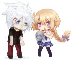 Rule 34 | 1boy, 1girl, :t, anger vein, bishounen, black thighhighs, blonde hair, blue eyes, blush, blush stickers, bow, braid, bucket, bucket of water, casual, chibi, collar, fate/apocrypha, fate (series), hair bow, jeanne d&#039;arc (fate), jeanne d&#039;arc (girl from orleans) (fate), jeanne d&#039;arc (ruler) (fate), karna (fate), long hair, low-tied long hair, necktie, purple eyes, single braid, skirt, sleeveless, spiked collar, spikes, thighhighs, tusia, type-moon, wet, wet clothes, white hair