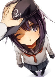Rule 34 | 10s, 1girl, :t, akatsuki (kancolle), anchor symbol, black pantyhose, foreshortening, genyaky, hand on another&#039;s head, hat, highres, kantai collection, long hair, looking at viewer, one eye closed, pantyhose, peaked cap, pigeon-toed, pout, pov, purple eyes, purple hair, school uniform, serafuku, sketch, skirt, solo focus, standing