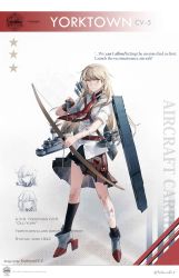 Rule 34 | 1girl, absurdres, aircraft carrier, anti-aircraft, anti-aircraft gun, arrow (projectile), asymmetrical hair, bandaged arm, bandaged leg, bandages, black skirt, blonde hair, bow (weapon), braid, character name, english text, flight deck, high heels, highres, holding, holding bow (weapon), holding weapon, long hair, machinery, mecha musume, military, military vehicle, miniskirt, necktie, original, personification, pleated skirt, quiver, red necktie, rudder footwear, ship, short sleeves, side braid, skirt, solo, united states navy, uss yorktown (cv-5), warship, watercraft, weapon, yorktown cv-5