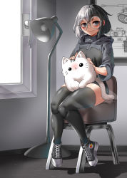 Rule 34 | 1girl, absurdres, animal, black hair, black shorts, black thighhighs, cat, chair, closed mouth, commentary, day, english commentary, floor lamp, full body, glass, grey eyes, grey footwear, grey hair, grey hoodie, highres, hitch (perotoss), hood, hood down, hoodie, indoors, long sleeves, military, military vehicle, motor vehicle, multicolored hair, on chair, original, round eyewear, shoes, short eyebrows, short shorts, shorts, sitting, smile, solo, sunlight, tank, thick eyebrows, thighhighs, tiger i, two-tone hair, white cat, window