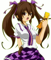 Rule 34 | 1girl, breasts, brown eyes, brown hair, calligraphy brush, cellphone, checkered clothes, checkered skirt, dr. cryptoso, female focus, frills, gradient background, highres, himekaidou hatate, long hair, necktie, open mouth, paintbrush, phone, skirt, solo, touhou, twintails, white background