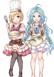 Rule 34 | 2girls, ;d, apron, bare shoulders, beige apron, black footwear, black legwear, blonde hair, blue eyes, blue hair, blush, boots, brown eyes, chef hat, djeeta (granblue fantasy), frilled apron, frills, granblue fantasy, green ribbon, hair ornament, hair ribbon, hairclip, hat, head tilt, ladle, long hair, low twintails, lyria (cutie apron) (granblue fantasy), lyria (granblue fantasy), mixing bowl, multiple girls, one eye closed, open mouth, pink skirt, puffy short sleeves, puffy sleeves, ribbon, shirt, short hair, short sleeves, simple background, skirt, smile, spatula, thigh boots, thighhighs, toque blanche, twintails, very long hair, wataame27, whisk, white apron, white background, white hat, white shirt