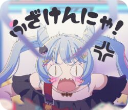 Rule 34 | 1girl, anger vein, animal (vocaloid), anime screenshot, bare shoulders, belt, bent over, black dress, blue hair, blurry, blurry foreground, cat hair ornament, cone hair bun, crane (machine), double bun, dress, facial mark, fangs, hair bun, hair ornament, hairclip, hatsune miku, kikuratama, leaning forward, light blue hair, line sticker available, lowres, mannequin (vocaloid), open mouth, second-party source, slit pupils, solo, strapless, strapless dress, surprised, suspenders, translated, twintails, twitching, upper body, v-shaped eyebrows, vocaloid, wavy mouth, whisker markings, wide-eyed, yellow eyes