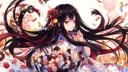 Rule 34 | 1girl, artist request, benghuai xueyuan, black hair, bread, cake, candy, chocolate, doughnut, floating hair, floral print, flower, food, hair flower, hair ornament, highres, holding, honkai (series), japanese clothes, kimono, licking, lollipop, long hair, looking at viewer, macaron, mushoku kika, nail polish, official art, red eyes, red flower, red nails, red rose, rose, solo, very long hair, wafer stick