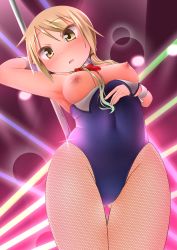 Rule 34 | 1girl, absurdres, baaad sima, black leotard, black pantyhose, blonde hair, blush, breasts, breasts out, covered navel, highres, ichii yui, large breasts, leotard, nipples, open mouth, pantyhose, pole, pole dancing, short hair, solo, yellow eyes, yuyushiki