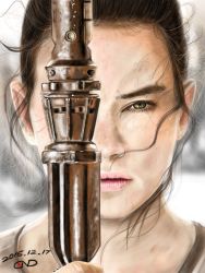 Rule 34 | 10s, 1girl, 2015, black hair, brown eyes, damaged, desert, dirty, freckles, highres, lips, long hair, looking at viewer, polearm, realistic, rey (star wars), runa (edoraq1961), science fiction, serious, signature, solo, staff, star wars, star wars: the force awakens, sword, weapon