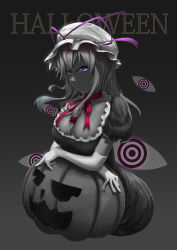 Rule 34 | 1girl, absurdres, backlighting, blue eyes, bow, breasts, choker, cleavage, dress, elbow gloves, female focus, frilled dress, frills, gloves, gradient eyes, hair bow, halloween, hat, hat ribbon, highres, hip focus, jack-o&#039;-lantern, large breasts, leaning forward, light, long hair, looking at viewer, mob cap, monochrome, muka (ghost like), multicolored eyes, purple eyes, ribbon, ribbon choker, short sleeves, sidelocks, smirk, solo, spot color, tongue, tongue out, touhou, white gloves, yakumo yukari