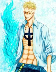 Rule 34 | 1boy, abs, blonde hair, blue fire, fire, ganu (vigasremdy x), jolly roger, male focus, marco (one piece), one piece, open clothes, open shirt, pirate, sash, shirt, solo, tattoo